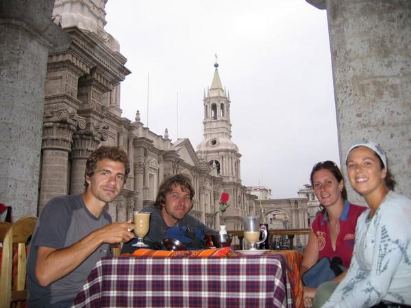 Myself, Jon, Em and Ruth having afternoon coffee in Arequipa