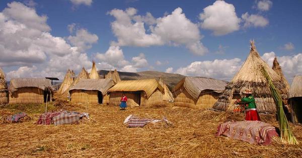 Reed huts on one of the Uros floating islands