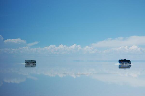 Two busses make their way over the salt flats