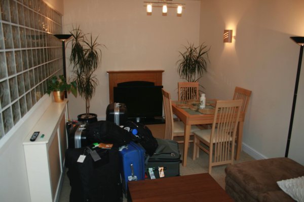 Our luggage in the living room in Bournemouth