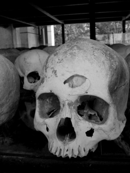 Skulls of the victims inside the Stupa