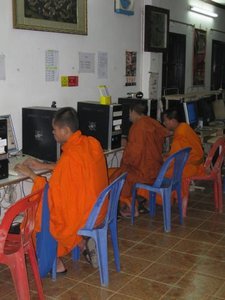monks on the internet downstairs at our guest house