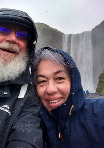 Selfie at Skogafoss, with much effort expended in getting the falls in as well