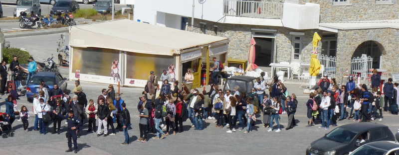 Some of the foot passengers at Mykonos