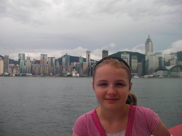 Sophie in front of Hong Kong Harbor