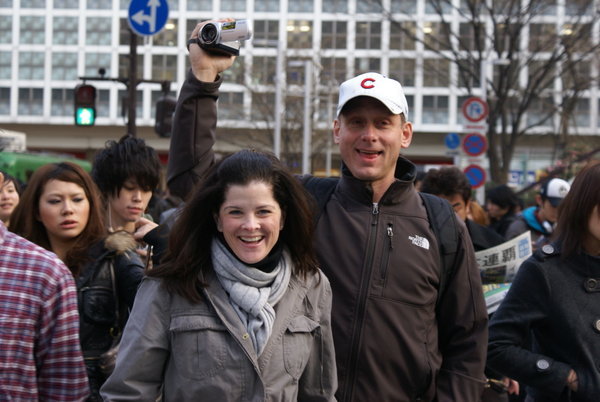 Susan and our camera man crossing Shibuya crossing