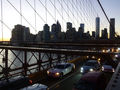 Crossing Brooklyn Bridge at sunset