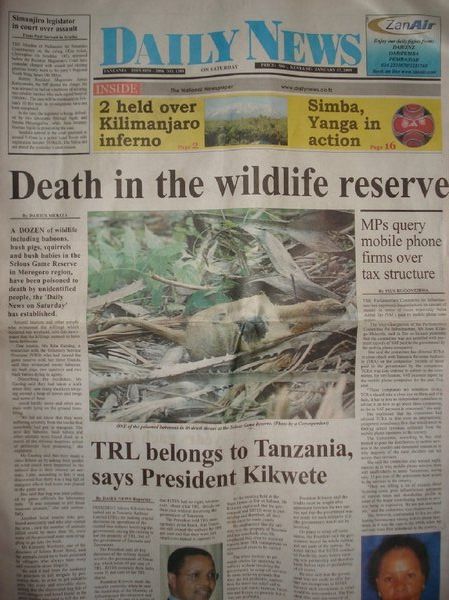 My picture of the dying monkey made it onto the front page of a Tanzanian newspaper