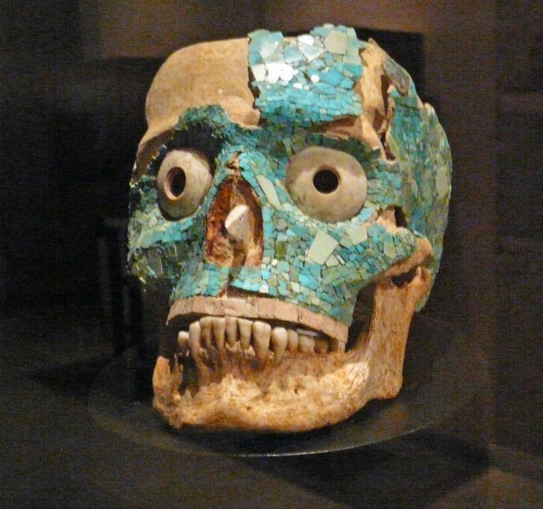 A jade covered skull - both real - in the Oaxaca museum