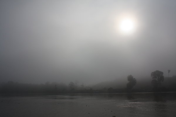 Sun rising in the fog