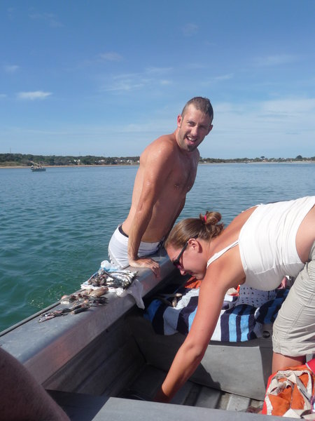 chook had to jump in to rescue our bait which he knocked overboard!