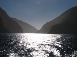 Leaving Milford Sound in the Sunset