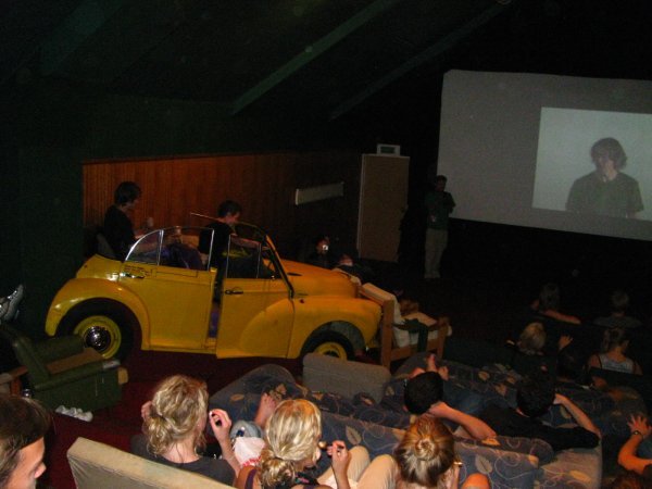 Cinema in Wanaka with couches and a car to sit in