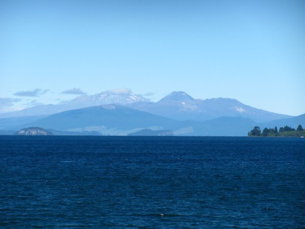 View over Lake Taupo on the volcanoes of the Tongariro NP