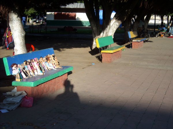 Colourful benches with Barbies