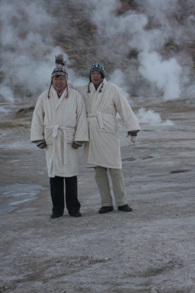 A couple of Japanese guys who had obviously been told the El Tatio geysers would be cold so they stole the gowns from their hotel room