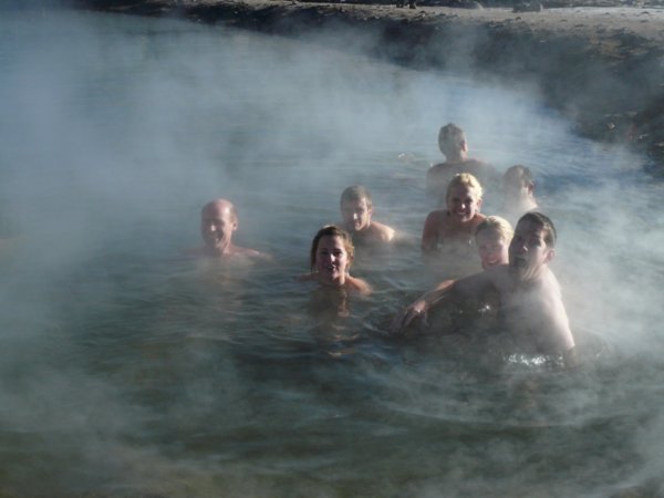 Jules being got by a hot jet in the not-so-thermal thermal baths, near the El Tatio geysers