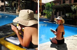 A busy day by the pool, reading and playing iPod scrabble