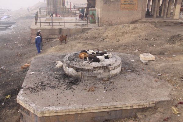 hearth for burning bodies , at a ghat along the Ganges