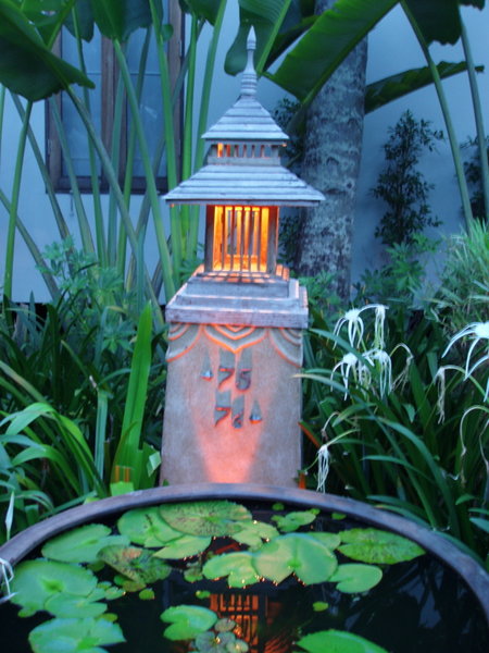 Lantern & koi pot with tiny frog