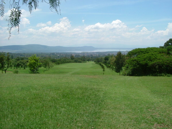 View down the 18th fairway to Lake Nakuru