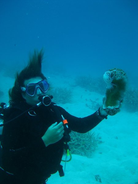 Our Divemaster Holding a Sea Cucumber