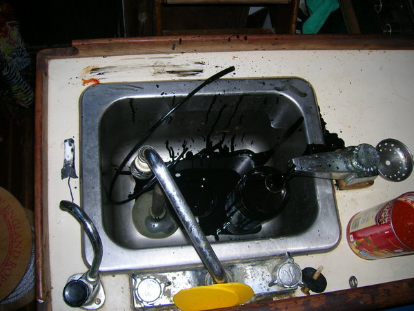 Our kitchen sink after Alex changed the engine oil