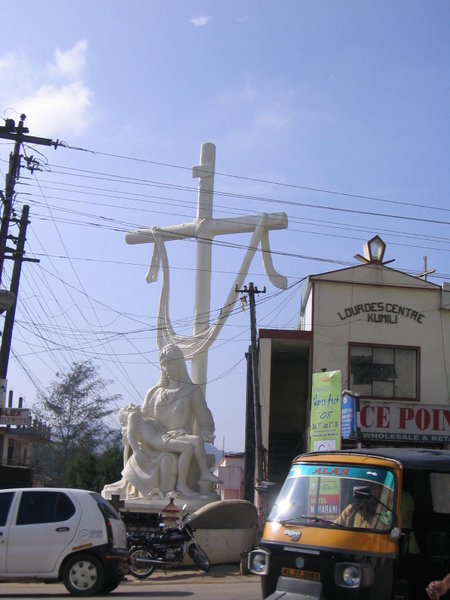 Christian statue on the main street in Kumily