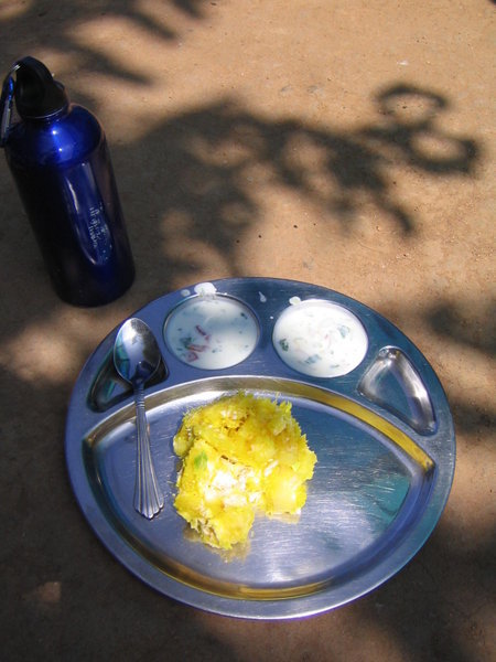 Lunch on Day 1: Keralan tapioca and raita (yogurt salad)