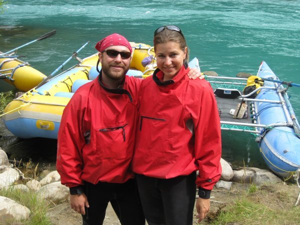 In matching river gear