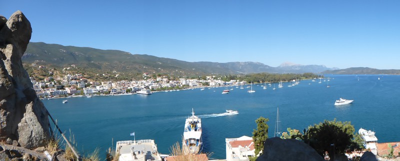 view of our boat from Hydra clock tower