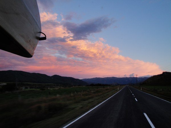 Cruising to Lake Rotoiti with a beautiful sunset in front of us