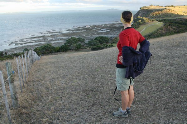 Up a big hill with Rangitoto Island in the distance
