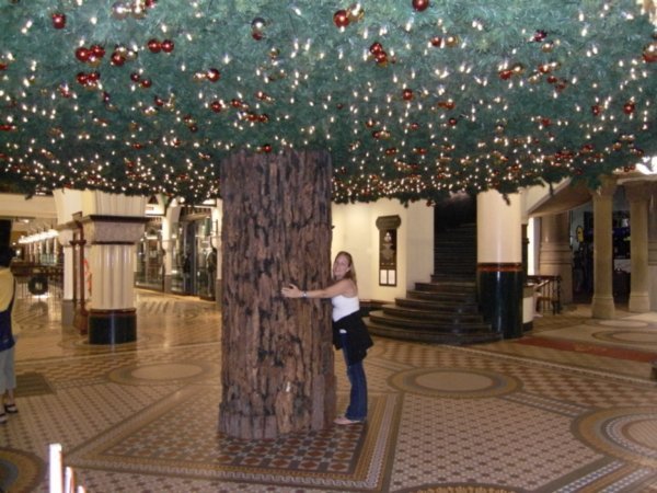 Jules hugging the Christmas tree in the QVB building