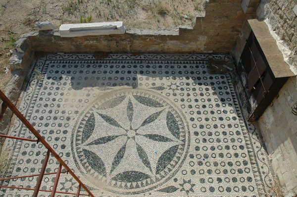 A black and white patio mosaic