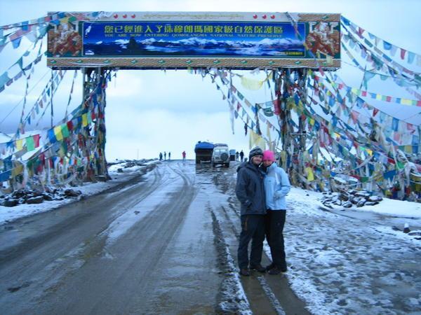 Us at the top, welcoming us to Qomolangma (Mt Everest) national park area.