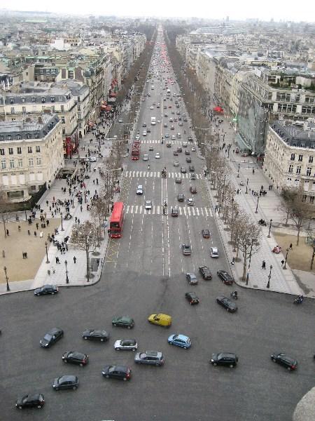 View down the Champs Elysees from atop the Arc de Triomphe