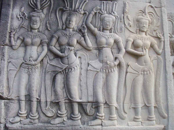 Aspara dancers carved into the wall of Angkor Wat