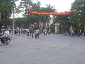 Propoganda banner across the road in Nimh Binh