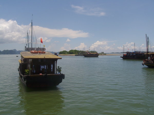 Islands and boats in Halong Bay