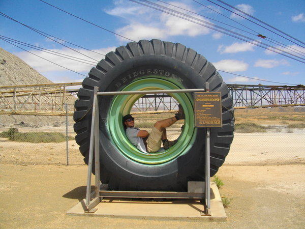 Inside a tyre from a huge coal carrying truck at Leigh Creek
