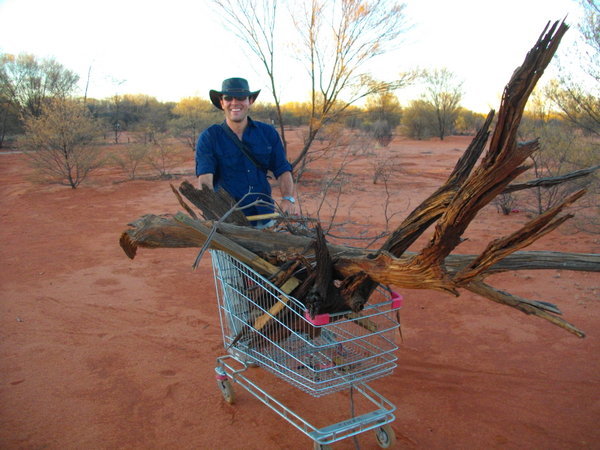 Cyril collecting firewood in a trolley we found, hundreds of miles from the nearest supermarket!