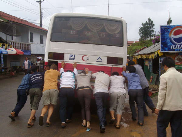 Push starting the bus after a toilet break in a village on route 13!