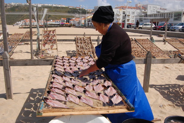 Traditional woman drying fish in Nazare