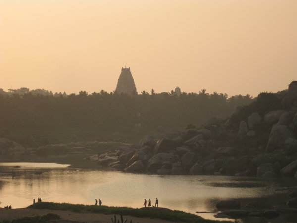 Hampi at dusk with temples in the background