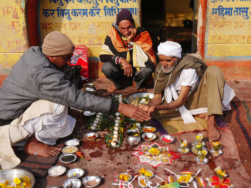 A ritual being performed near the cow feeding place