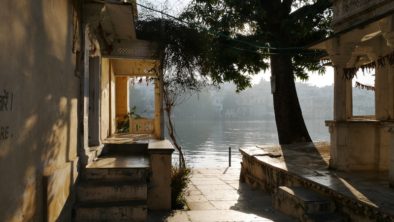 At one of the simple temples by the lake